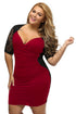 Sexy Black Burgundy Ruched Lace Illusion Plus Dress